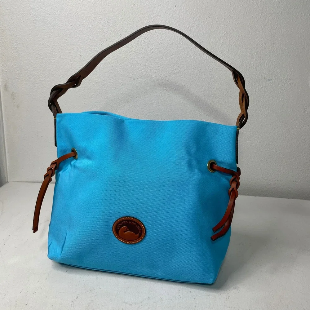 NWOT Dooney & Bourke Sky Blue Hobo Shoulder Bag Nylon Purse Leather Trim Preppy